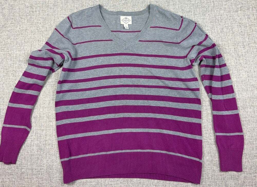 St Johns Bay Sweater Womens Large Gray Purple Striped V Neck 100% Cotton